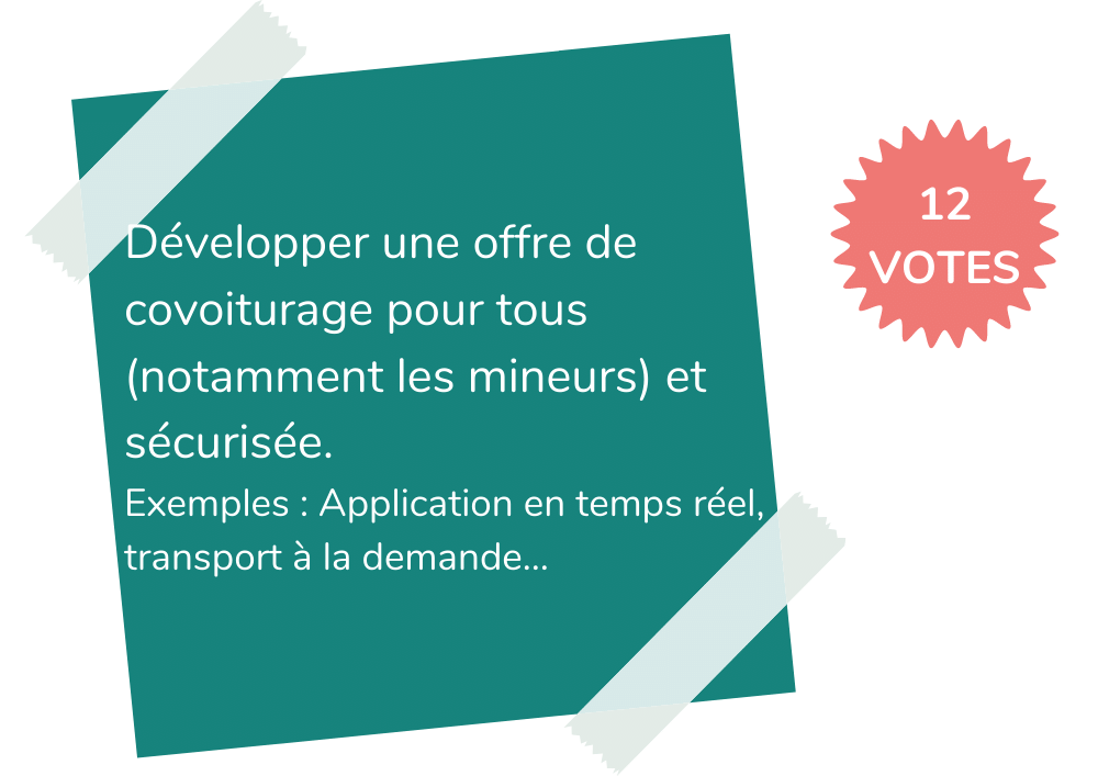 Idée 7

Développer une offre de covoiturage pour tous (notamment les mineurs) et sécurisée.
Exemples : Application en temps réel, transport à la demande…
12 votes