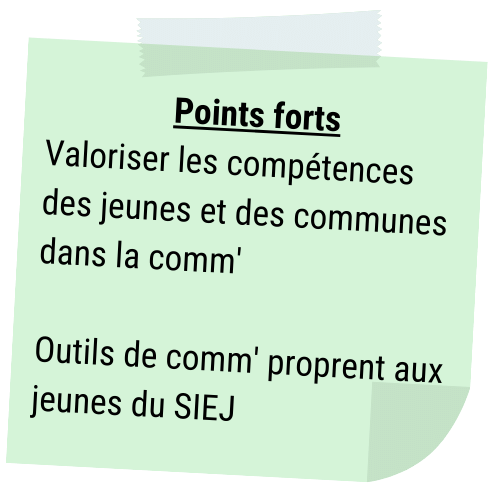 Points forts
Valoriser les compétences des jeunes et des communes dans la comm'

Outils de comm' proprent aux jeunes du SIEJ