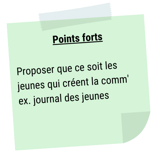 Points forts

Proposer que ce soit les jeunes qui créent la comm'
ex. journal des jeunes