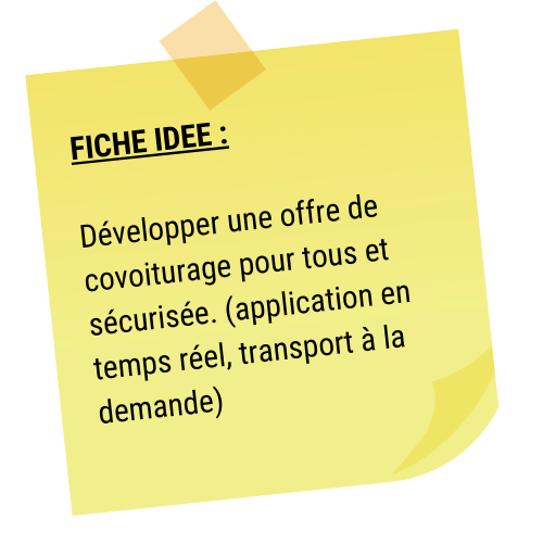 FICHE IDEE :
Développer une offre de covoiturage pour tous et sécurisée. (application en temps réel, transport à la demande)